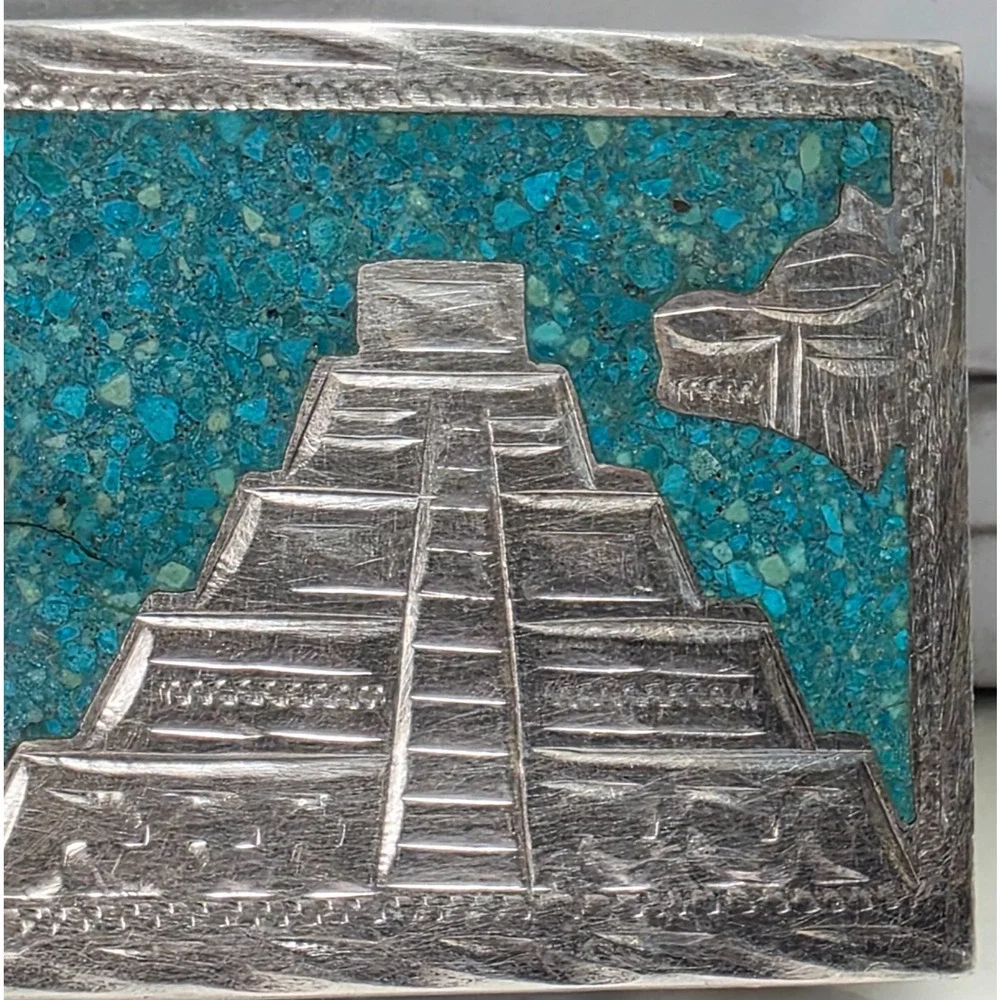 VHLC Plata de Jalisco .925 Sterling Silver Turquoise Aztec Belt Buckle, Vintage